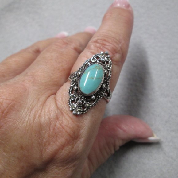 Stunning 925 Sterling Silver TURQUOISE & MARCASITE Filigree Ring>Long & Elegant - Picture 1 of 6